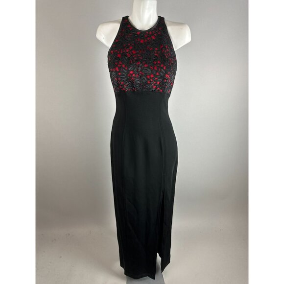Vtg 90s Tadashi Black Red Halter Empire Waist Slit Bodycon Maxi Dress Size 8 - Picture 4 of 8